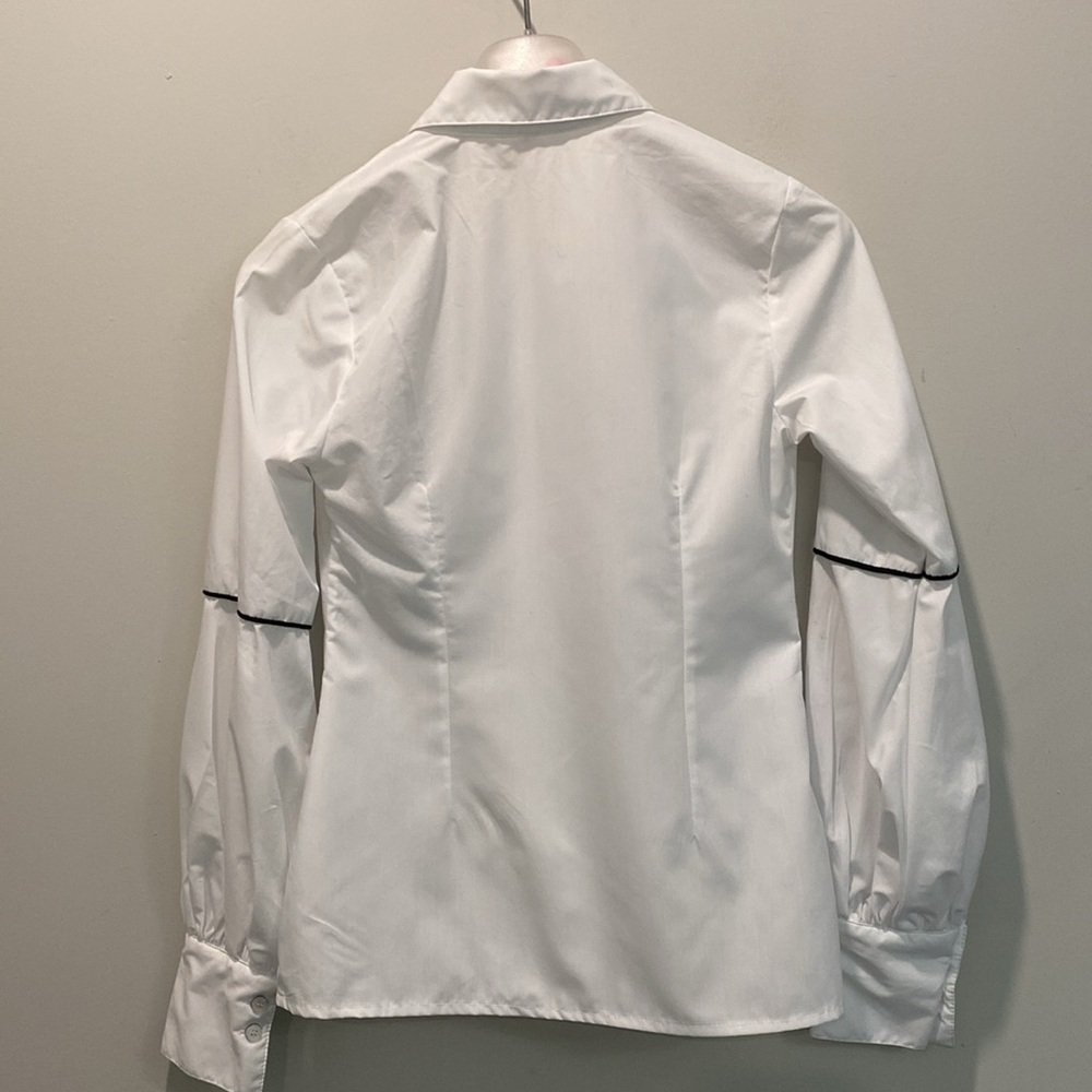 White Long Sleeve Blouse with Black Trim Size Small, Classic Chic Style - Picture 4 of 14